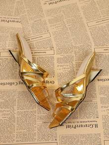 Women's Square Toe Criss-Cross Strap Gold High Heel Sandals, Casual Versatile Open Heel Mule Sandals For Summer - Vàng - Xem 6