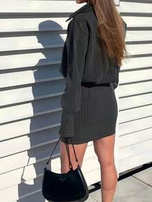 女士条纹长袖衬衫裙，翻领，无弹力面料，短款，春季优雅款 - 深灰色 - 查看 4