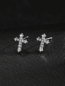 精致锌合金十字耳钉，闪亮水钻迷你耳钉，女士日常佩戴耳环 - 銀色 - 查看 5