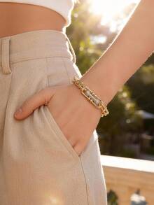 Fashion U-Shape Clasp Bracelet Inlaid With Cubic Zirconia Versatile Seasonal Fashion Piece Unisex - Gold - View 2