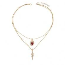 多层情人节新款复古红色爱心水晶项链，女士双层锁骨链，浪漫告白礼物 - 金色 - 查看 4