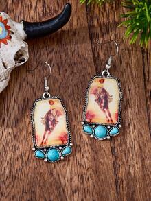 Retro Cowgirl Western Bullfighting Pattern Turquoise Dangle Earrings Women, Bohemian Dangle Earrings, Suitable For Cowgirls To Wear At Daily Holiday Parties, Ladies' Gift - Multicolor - View 5