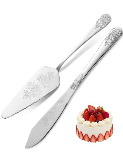 2pcs/Set New Floral Stainless Steel Cake Knife & Spatula Set, Wedding Birthday Cake Slicer, Bread Knife, Pizza Peel