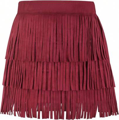 Girls And Women Suede Fringe Skirt Boho Tassel Layered Ruffle Skirt