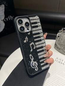 1pc Black Music Piano Rhinestone Phone Case, Luxury Shockproof 2-In-1 Protective Cover For IPhone 16 Pro Max/13/14 - Black - View 2