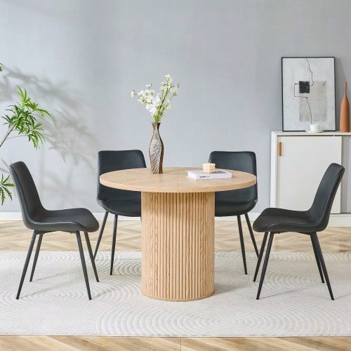 Minimalist Dining Set Consisting Of A Round Table And Four Chairs. Round Dining Table In MDF, 100 Cm In Diameter, With A Light Wood Finish. Four Matching Chairs Upholstered In Black Faux Leather. - Black - View 1