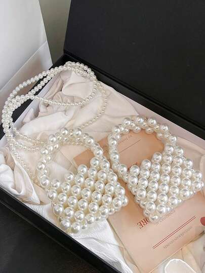 1 Pc Pearl Woven Mini Bucket Bag,Pearl Top-Handle Handbag, Lightweight Beaded Crossbody Bag,Ideal For Girls/Teens/Students,For Daily/Outing/Shopping/Festivals ﻿ ﻿