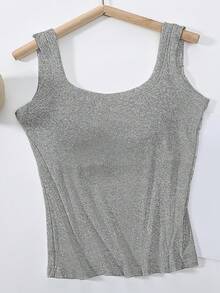 1pc Linen Gray U-Back Removable Padded Fitted Casual Camisole Top, Workout - Grey - View 6