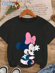 Disney Licensed! Adorable Minnie Mouse Bow Print Women's T-Shirt, Casual And Stylish Round Neck Short-Sleeved Summer Top, Youthful And Age-Reducing Cartoon Sweatshirt, Perfect For Outdoor And Everyday Casual Wear. - Black - View 2