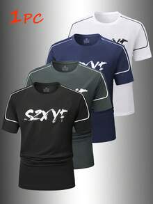 1 pieza Camiseta estampada con puños elásticos de estilo deportivo para hombre, primavera/verano - Negro - Ver 2