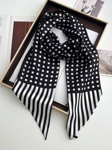 1 chiếc khăn satin in hình dây xích ngựa hai mặt, thích hợp để phối cùng váy, quần short, thắt lưng, túi xách, mũ, ruy băng, cạp quần của nữ. - Chấm bi đen - Xem 2