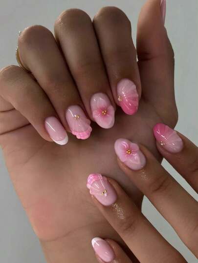 24pcs Short Oval 3D Gel Nail Stickers, Create Pearl Flower Nails, French Acrylic Press-On Nails, Short Size Perfect Fit Fake Nails Set, Includes: 1pc Jelly Gel And 1pc Nail File, Summer & French Manicure For Shiny Beautiful Nails, Suitable For Women And Girls For Daily Work And Party