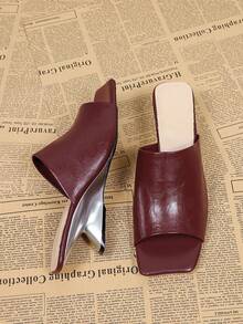 Wine Red Open Toe Slip-On High Heel Sandals For Women, Casual Versatile Backless Mules - Burgundy - View 5