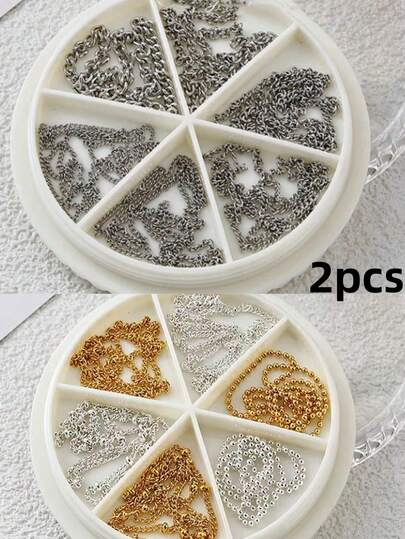 6pcs/Set Mixed Metal Chain Nail Jewelry Accessories, Black & Gray Chains Nail Decor, Nail Art Supplies