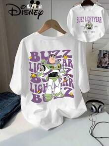 Buzz Lightyear Cartoon Design Surrounded By Space Elements Such As Stars, Rockets, And Planets. Disney Summer New Short-Sleeved T-Shirt Top, Women's Casual Fashion Printed T-Shirt, Elegant Women's Style. - 白色 - 查看 1