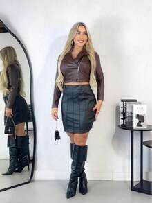 Women's Faux Leather Jacket With Zipper Closure - Autumn/Winter Fashion, Casual And Elegant - 鏽棕色 - 查看 2