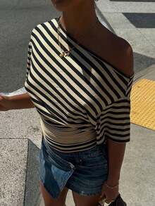 大码女装新款时尚优雅条纹露肩斜领短袖T恤，腰部褶皱设计，适合日常、海滩、校园、度假、街头休闲等夏季穿着 - 黑杏 - 查看 4