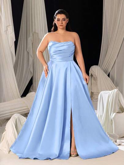 Faeriesty Goddess Style Curved Heart Neckline Pleated A-Line Dress With Slit, Suitable For Spring/Summer/Autumn Wedding Guest, Gala, Red Carpet, Formal Dinner Occasions