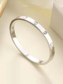 1件闪亮锆石手链，女士四叶草印花爱心不锈钢手镯，首饰礼品 - 四葉草款式 - 查看 4