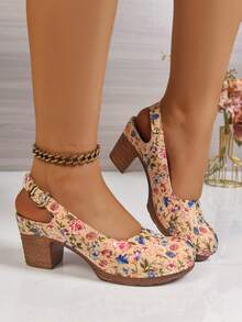 女士印花高跟凉鞋，新款夏季圆头高跟鞋，时尚休闲法式粗跟凉鞋 - 彩色 - 查看 4