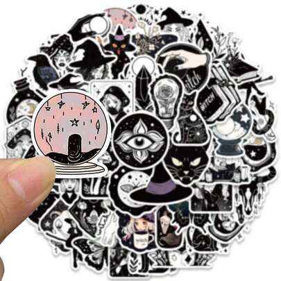 52pcs Trending Black & White Witch Doodle Stickers, Suitable For Luggage, Skateboard, Phone, Bicycle, DIY Decoration Scrapbook Supplies Stationery Funny Stickers Kindle