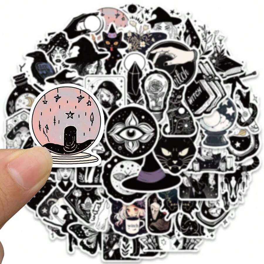 52pcs Trending Black & White Witch Doodle Stickers, Suitable For Luggage, Skateboard, Phone, Bicycle, DIY Decoration Scrapbook Supplies Stationery Funny Stickers Kindle - Color - View 1