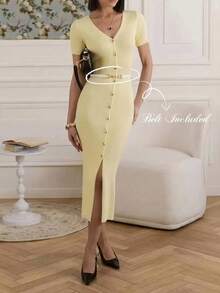 女士优雅休闲针织连衣裙，时尚通勤优雅连衣裙，配腰带，复古风格，纯色简约V领修身连衣裙，女士街头服饰，夏季派对/晚宴连衣裙 - 淺黃色 - 查看 1