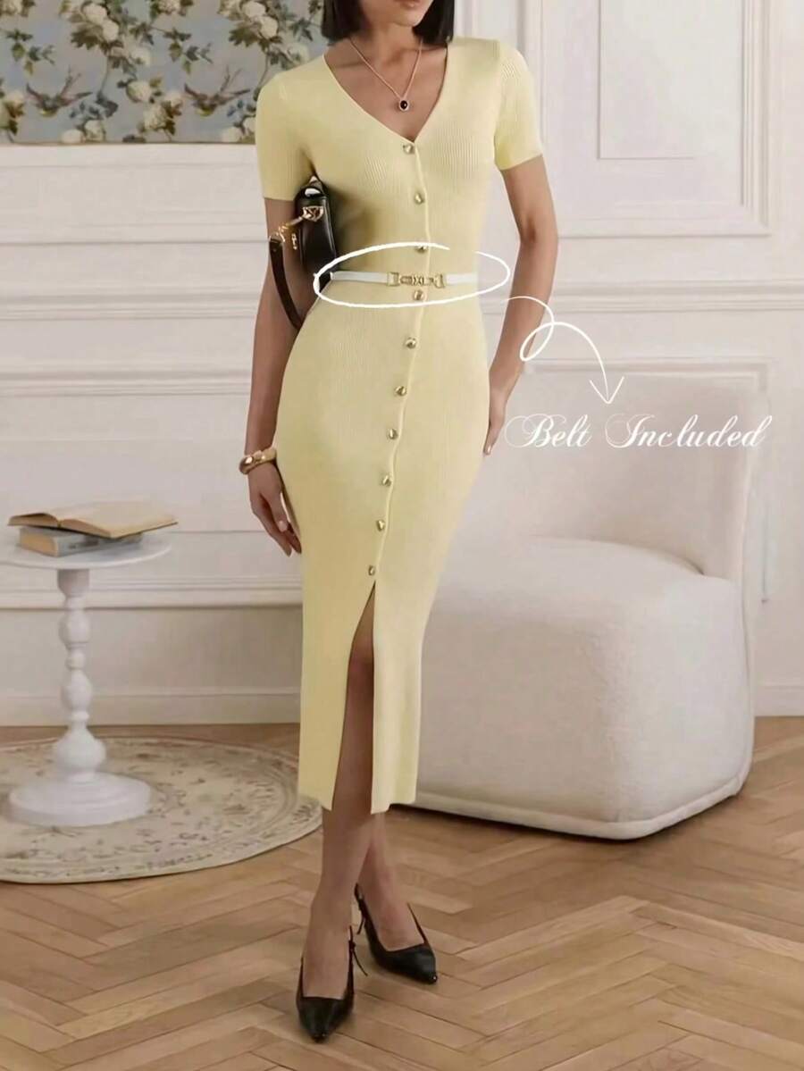 女士优雅休闲针织连衣裙，时尚通勤优雅连衣裙，配腰带，复古风格，纯色简约V领修身连衣裙，女士街头服饰，夏季派对/晚宴连衣裙 - 淺黃色 - 查看 1