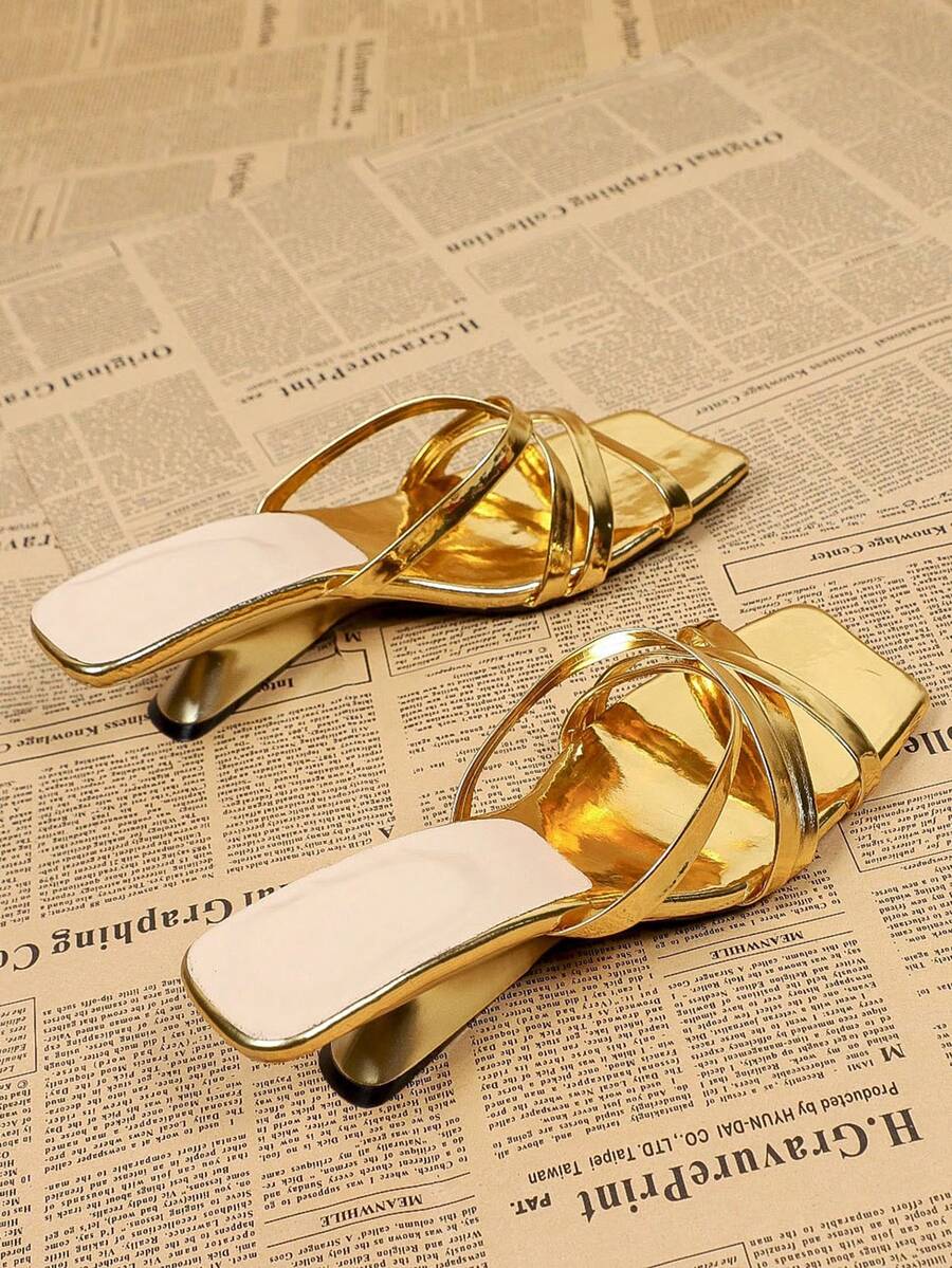 Women's Square Toe Criss-Cross Strap Gold High Heel Sandals, Casual Versatile Open Heel Mule Sandals For Summer - Vàng - Xem 1
