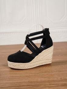 Women's Wedge & Platform Slip-On Espadrille Shoes, Black Round Toe Vacation Beach Woven Strap Sandals, Vacation Rope Sole Elastic Band Paired With Women's Shoes - Black - View 5