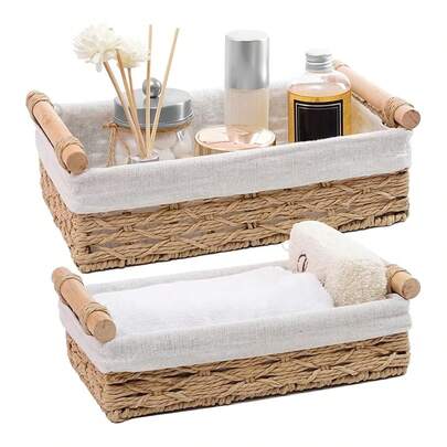 1pc/2pcs Vintage Rattan Shelf Baskets Set For Bathroom And Home - Elegant Multipurpose Decorative Storage Bins With Liners And Handles, Durable Wicker Containers For Organizing Toiletries, Towels, Cosmetics, Spa Essentials, Closet And Vanity Display, Cozy Living Room Decor, Practical Gift Idea Smooth Texture And Natural Color Complement Any Bathroom Or Bedroom Scheme, Versatile Nesting Options, Harmonious Neutral Tones, Easy Cleaning, Stackable Design, And Premium Craftsmanship To Boost Perceived Value And Customer Confidence