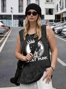 Vintage Women's Graphic Vest  Punk Crown Skull Design Print Washed Cotton Top Sports Wear, Mother's Day Gift, Funny Topes - 黑色 - 查看 1