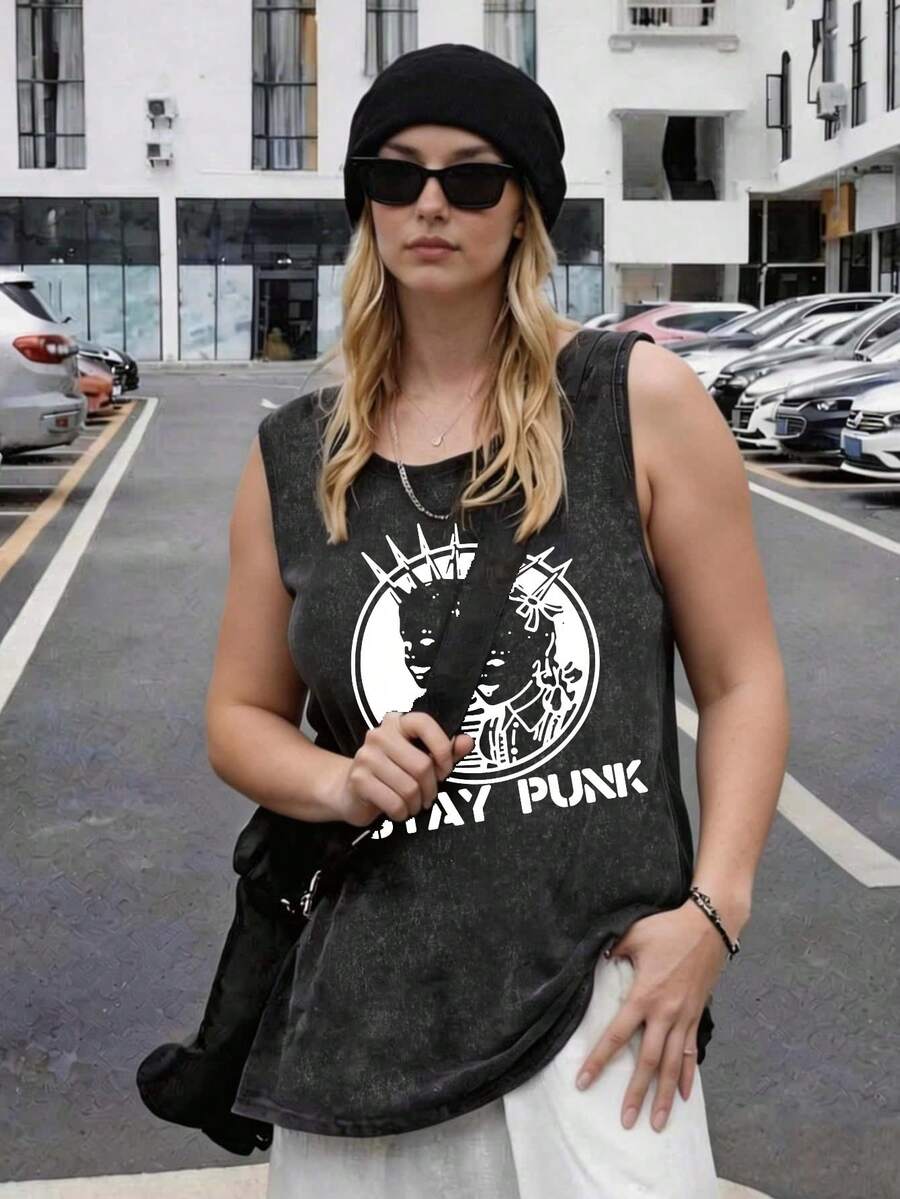 Vintage Women's Graphic Vest  Punk Crown Skull Design Print Washed Cotton Top Sports Wear, Mother's Day Gift, Funny Topes - 黑色 - 查看 1