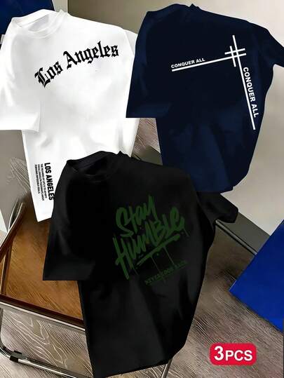 3件装男童流行印花圆领短袖T恤，适合日常穿着、上学、街头穿搭，时尚夏季男童上衣