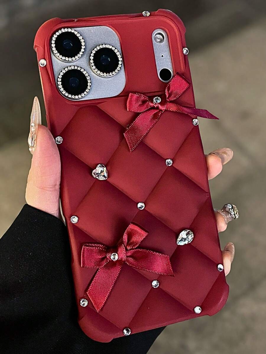 Rhombus Sequin Bow Quilted Phone Case, Compatible With 17/15 Pro Max/13/14/12/11/16