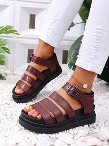 Sandal thể thao ngoài trời mùa hè dành cho nữ, đế dày, kiểu dáng thoải mái, đa năng, có khóa kim loại, màu đỏ rượu vang và xanh dương. - Màu Đỏ Sâu - Xem 4