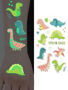 5pcs Dinosaur Element Series Luminous Tattoo Stickers, Glow In The Dark, 66 Cartoon Dinosaur Element Pattern Temporary Tattoo Stickers, Waterproof Fun Fake Tattoo Stickers, Suitable As Birthday Party Gifts - Multicolor - View 5