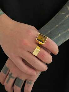 2件套复古几何宝石镶嵌方形戒指套装，叠戴设计，休闲简约，适合街头、派对、婚礼、日常佩戴，男女皆宜的时尚礼物 - 戒指 - 查看 4