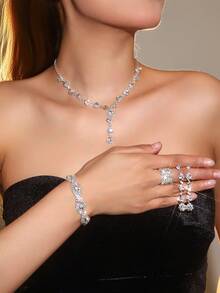 Elegant Crystal & Rhinestone Jewelry Set - Earrings, Necklace, Bracelet, And Ring, Suitable For Women's Daily Wear, Weddings, Parties, And Other Occasions - Multicolor - View 1
