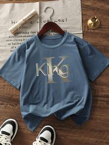 男童街头风“King”字母印花圆领短袖T恤 - 霧霾藍 - 查看 3