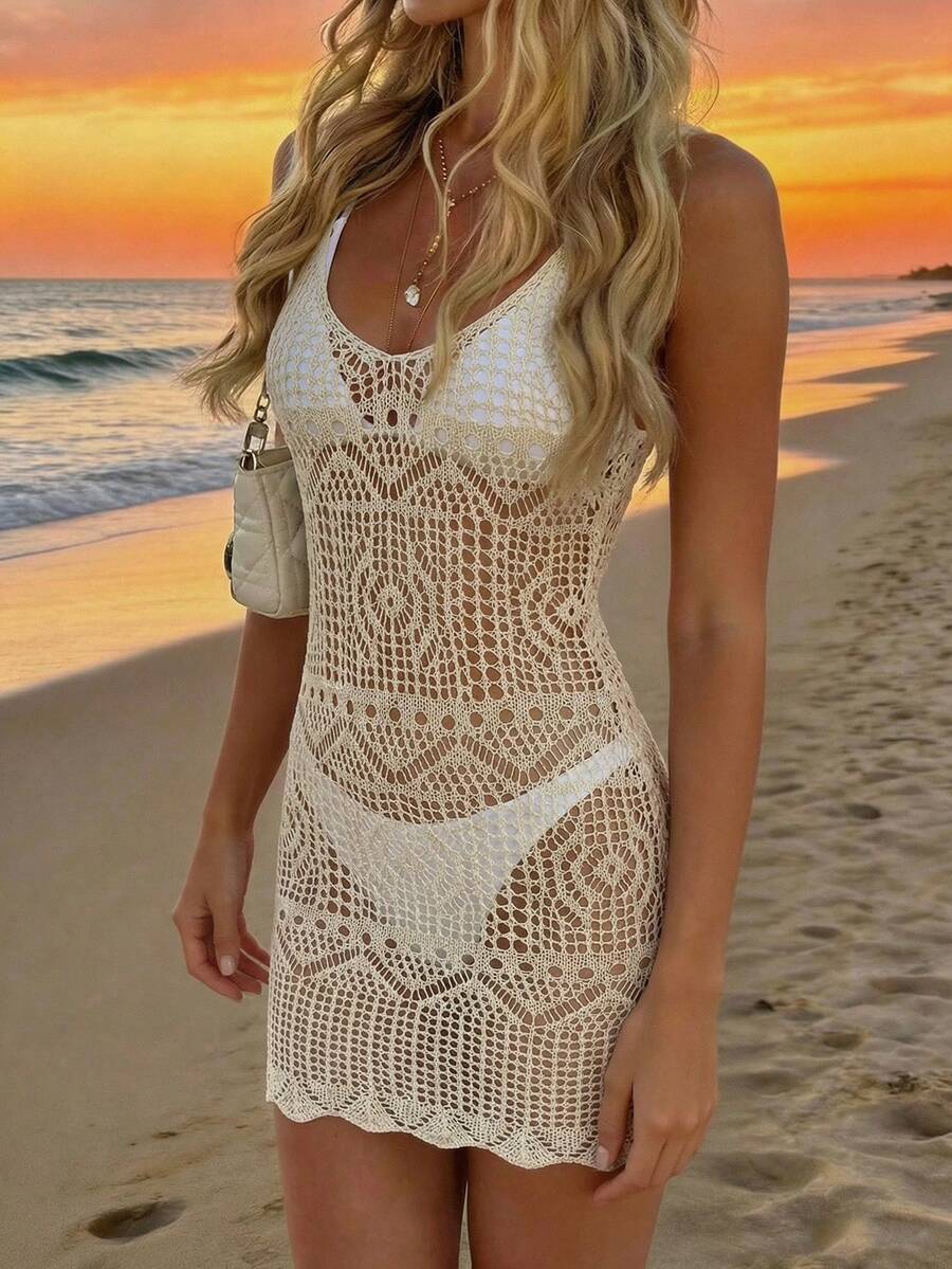 Women's Crochet Knit Spaghetti Strap Sheer Mini Skirt, Sexy Party Cover-Up, Suitable For Beach Vacation - Apricot - View 1