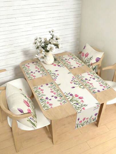 1/4/5/6/7pcs Bohemian Style Floral Pattern Home Decor Set, Living Room/Bedroom/Dining Room Decor, Faux Linen Material, Multi-Size Options, Dining Table Decor, Fireplace Mantel Scarf, Placemats, Coasters