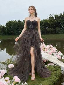 Faeriesty Women's Leopard Print Strapless Ruffle Hem Slit Design Evening Gown Dress, Suitable For Modern Art Gallery Openings And Avant-Garde Galas - Brown - View 3