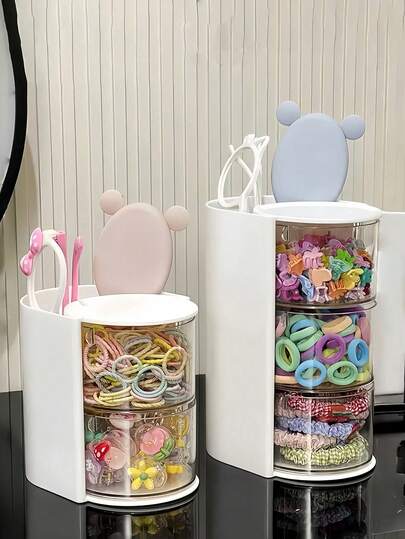 1个多功能旋转桌面收纳盒，分格设计，方便收纳小女孩的发饰、发圈、首饰、DIY手工用品和小工具，适用于项链、耳环、手链、戒指、化妆刷、发夹和其他饰品。