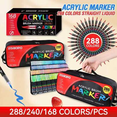 1 pièce 288/240/168/120/72/60/48/36/24/12 couleurs Stylos marqueurs acryliques, pointe pinceau opaque, imperméable et estompable pour bois, canevas, pierre, peinture sur rocher, verre, céramique, artisanat DIY, fournitures d'art, dessin étudiant