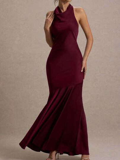 فستان أنيق وأنيق للنساء في الصيف بظهر مكشوف من الساتان باللون البرغندي بتصميم ذيل السمكة، بدون أكمام وياقة حلقية، ضيق الجسم، فينتاج، لحفلات الزفاف والحفلات الخاصة في الربيع