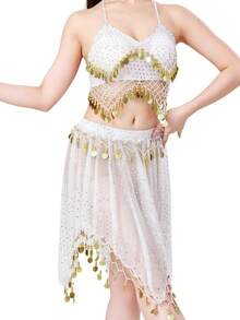 一套女士肚皮舞服装，包括雪纺薄纱亮片流苏裙和手工亮片珠饰流苏系带露背上衣，亮片裙采用纱丽风格，适合锐舞派对、狂欢节表演。也适合节日、派对、夜店、海滩、异域风情服饰装饰、波西米亚风、复古风等场合。 - 彩色 - 查看 15