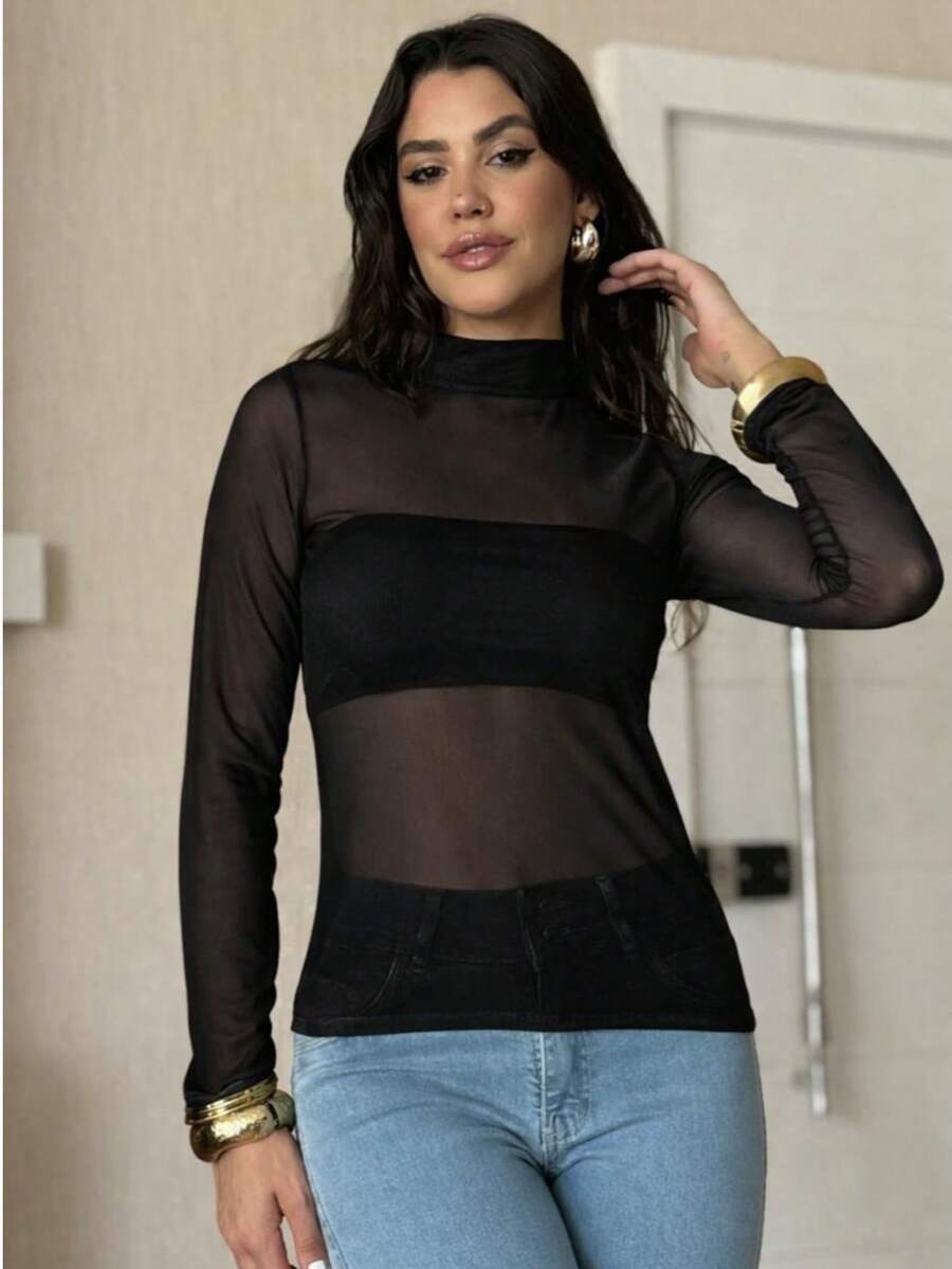 Women's Blouse In Transparent Tulle, Second Skin, Long Sleeves, High Neck - Black - View 1