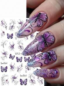 2 piezas Elegantes calcomanías de mariposas 3D moradas, diseño minimalista de mariposas y flores para arte de uñas, accesorios de uñas con insectos y plantas para primavera/verano - Multicolor - Ver 6