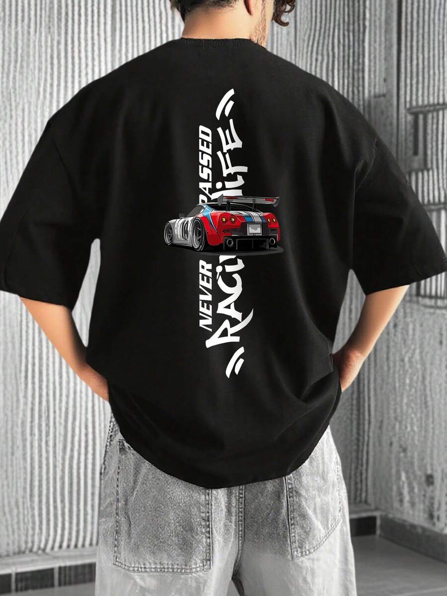 男士时尚赛车文化印花黑色圆领短袖T恤，夏季 - 黑色 - 查看 1